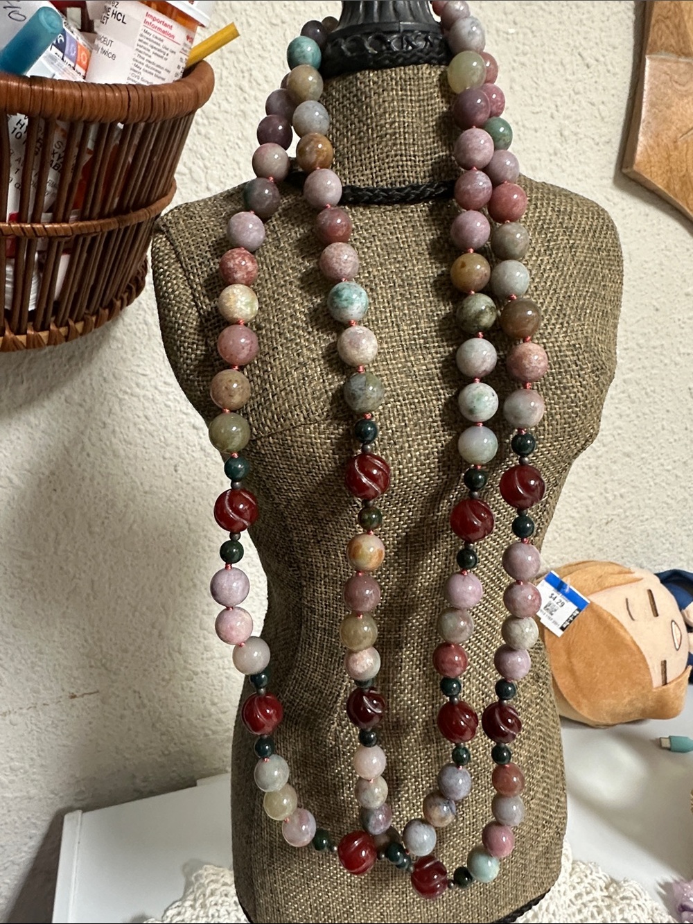 Multicolor Natural Stone Bead Necklace with Red Accent Beads - Women Jewelry
